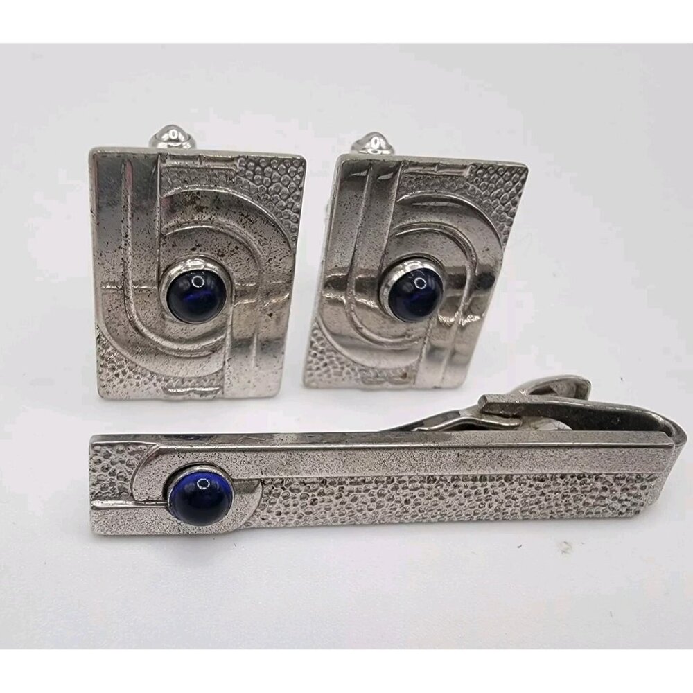 Speidel Cuff Llinks Cufflinks Tie Clip‎ Bar Silver Tone Blue Stone Set Made USA